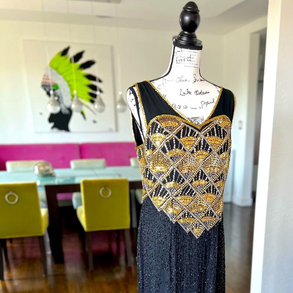 Vintage INTERLUDE Gown Beaded Sequin Gold & Black Silk Symmetric Sz XL.